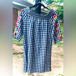 Skies Are Blue Blue and White Off the Shoulder Sundress